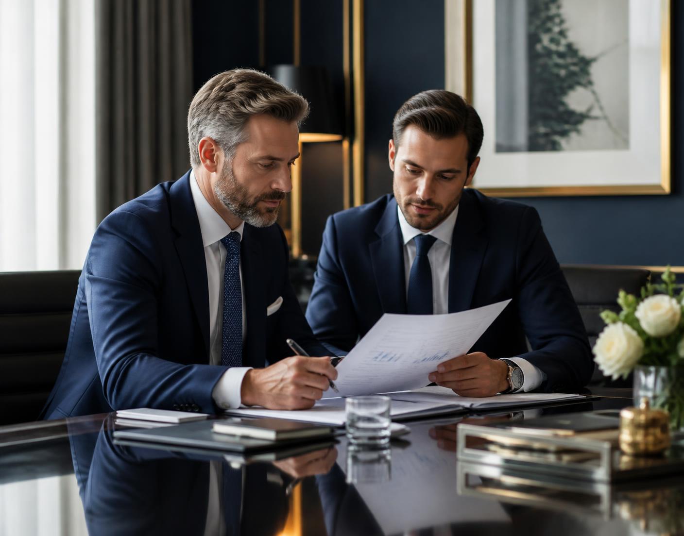 Two financial advisors reviewing a client portfolio in a boardroom