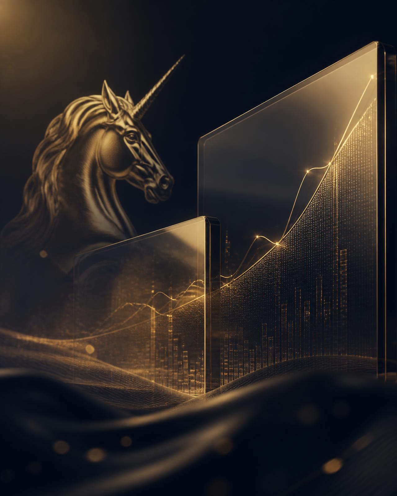 Refined gold unicorn emblem beside rising financial growth charts